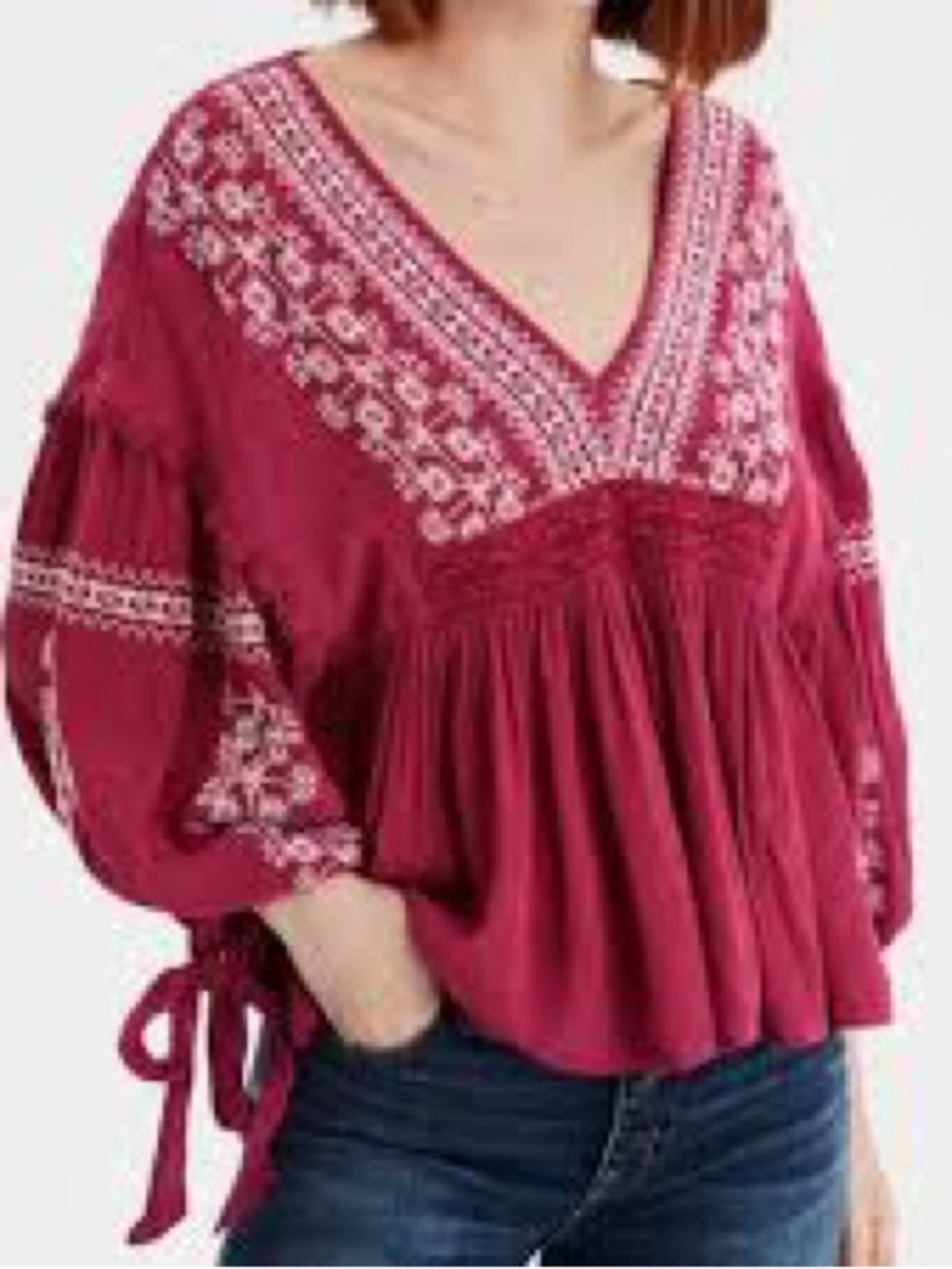 American Eagle Pink Embroidered Peasant Boho Top V-Neck Balloon Sleeve M - Picture 1 of 8